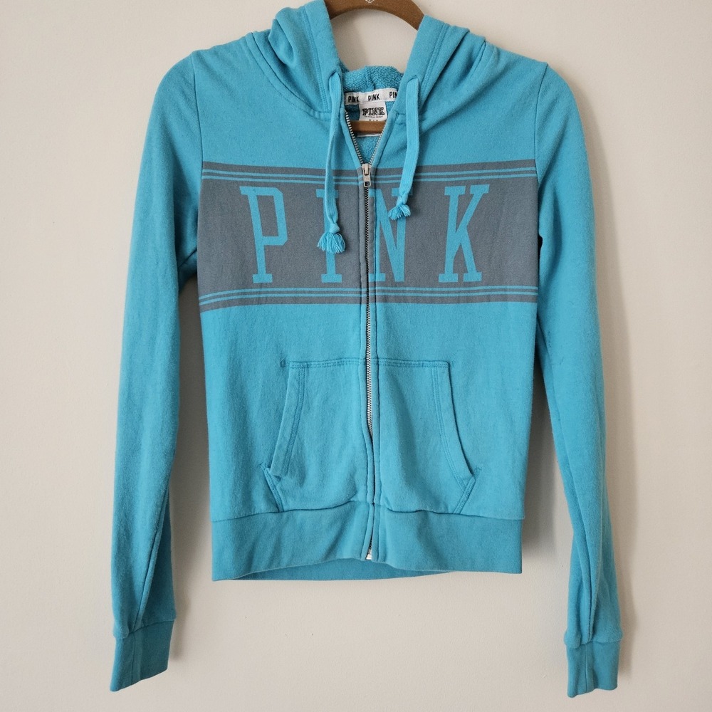 Pink Victoria's Secret 00s Y2K Hoodie Blue‎ Logo Graphic Front Adult Full Zip SM